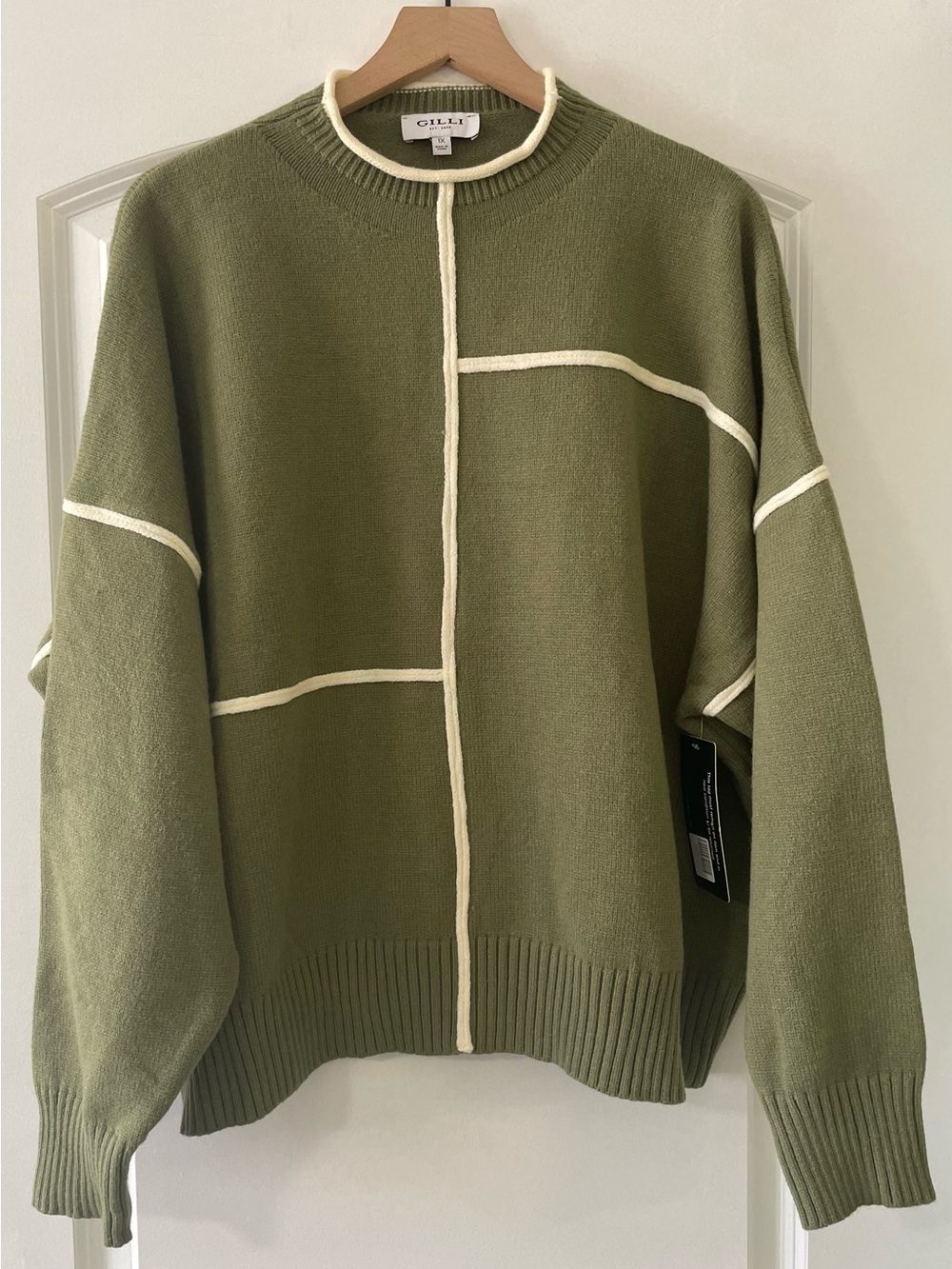 Gilli Olive Green Knit Sweater with Cream Piping Size 1X NWT